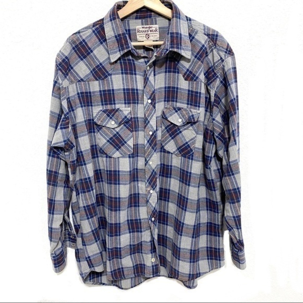 VINTAGE WRANGLER RUGGED WEAR GREY BLUE PLAID SHIRT XXL